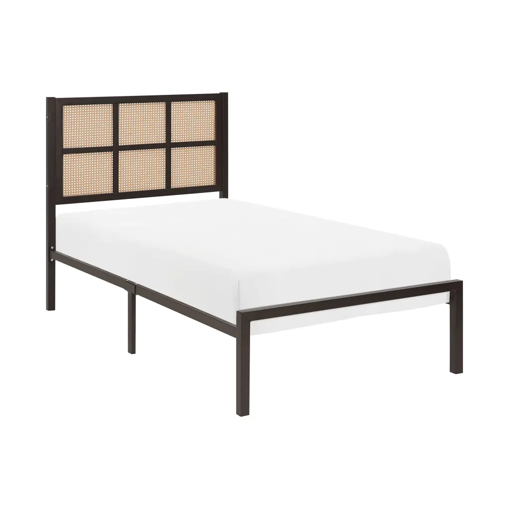 1Pc Twin Platform Bed, Metallic Frame Dark Metal Alloy Finish Faux Cane Panel kanepe