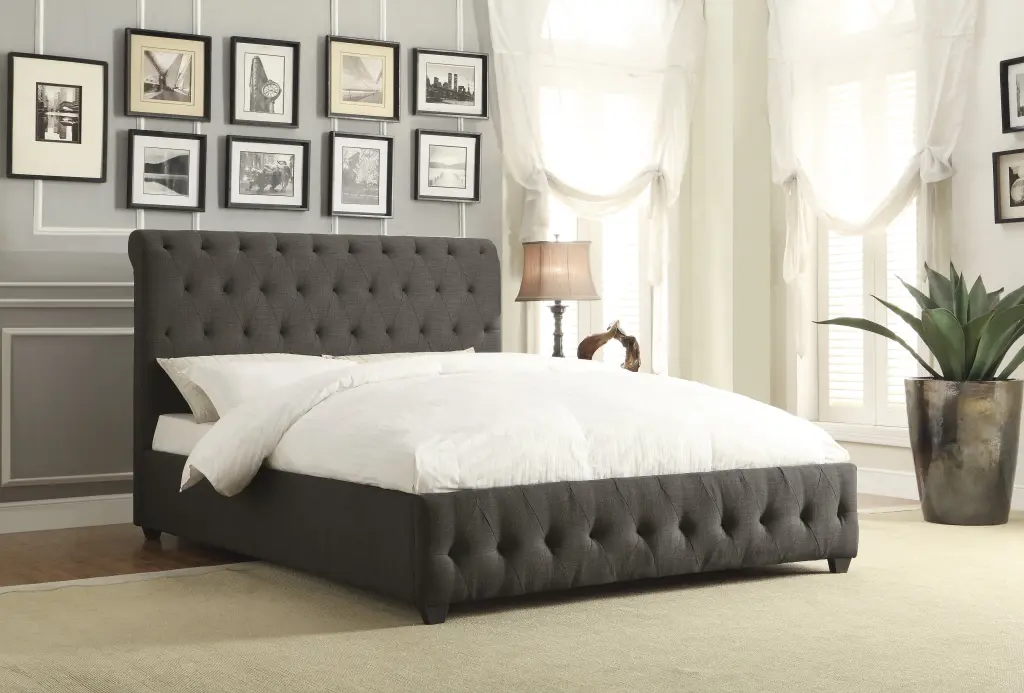 Dark Gray Fabric Upholstered Queen Bed - Tufted Headboard & Footboard - Solid Frame kanepe