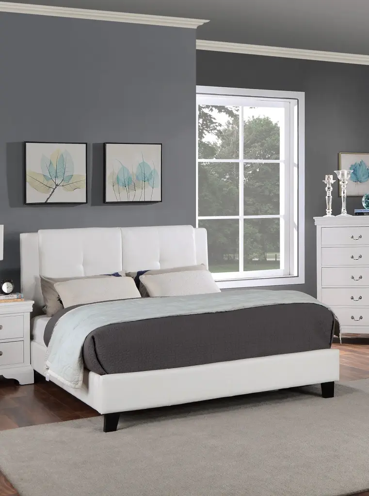 Eastern King Size Bed Set White Faux Hide Upholstered Tufted Design kanepe