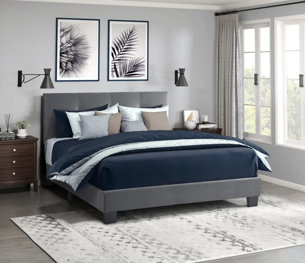 Full Platform Bed Dark Gray Velvet Upholstered Customizable Height kanepe