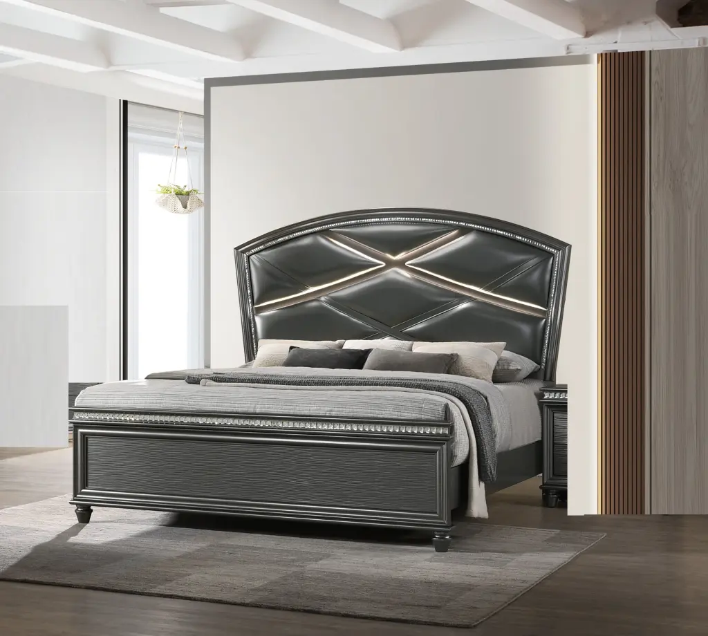 Glam Upholstered Queen Bed Gray Panel LED Lights Faux Crystal kanepe
