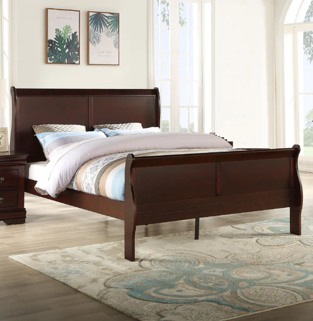 Louis Phillipe Brown Cherry Finish Queen Panel Sleigh Bed Solid Wood kanepe