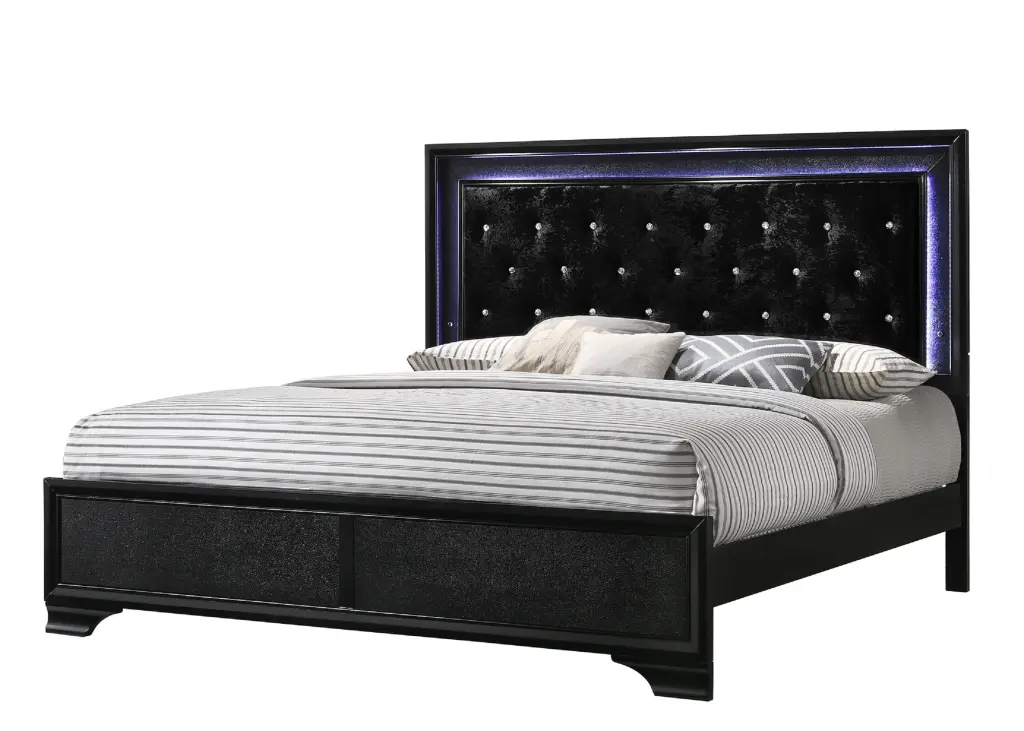 Modern Black Upholstered King Size LED Panel Bed Faux Diamond Tufting kanepe