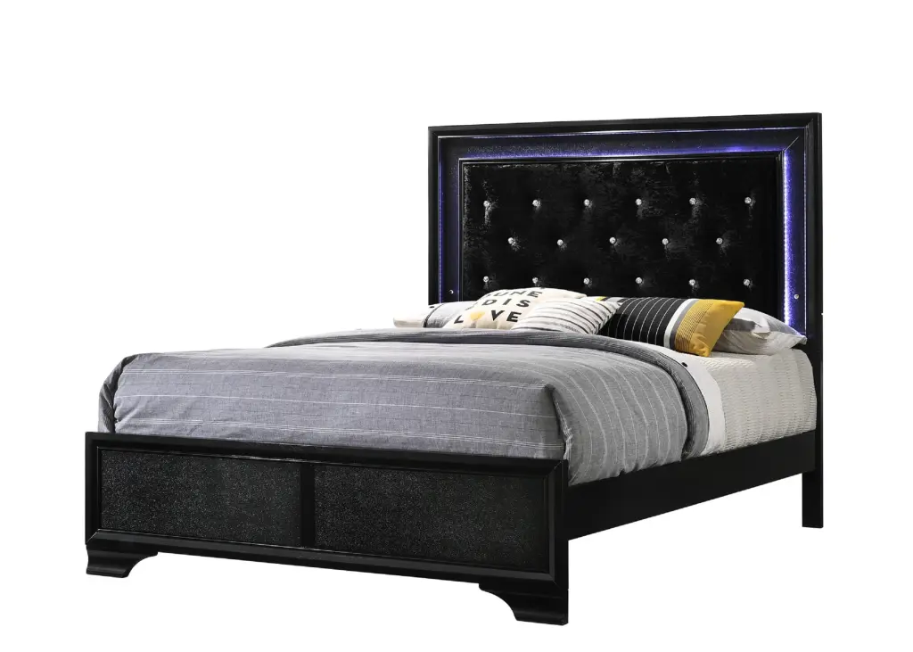 Modern Black Upholstered Queen LED Panel Bed Faux Diamond kanepe