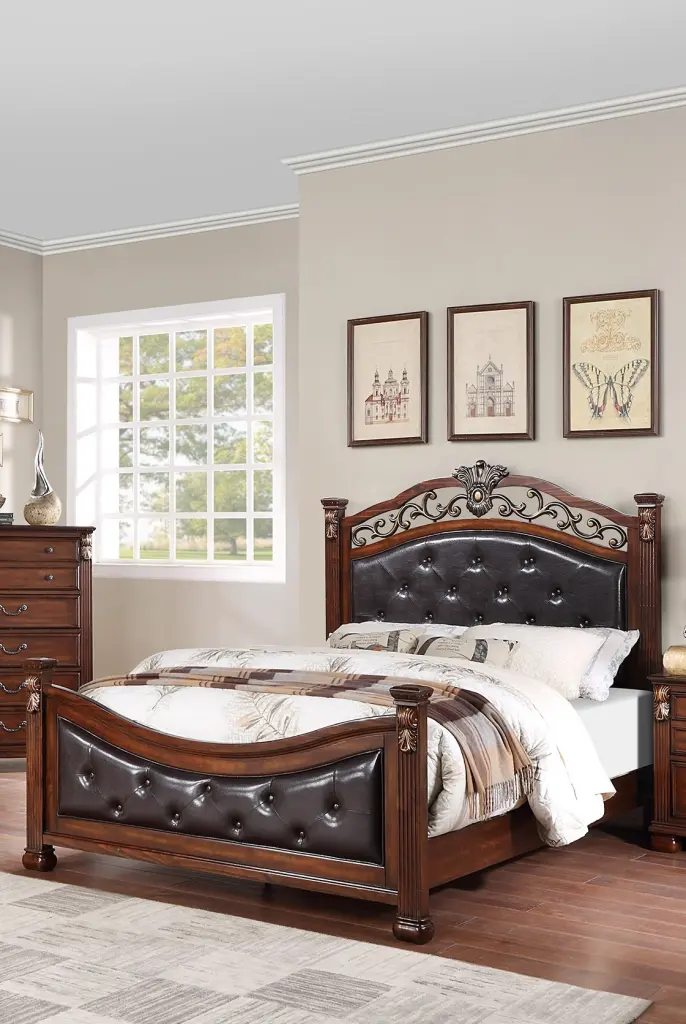 Traditional Dark Cherry Eastern King Size Bed Tufted Faux Leather Headboard kanepe