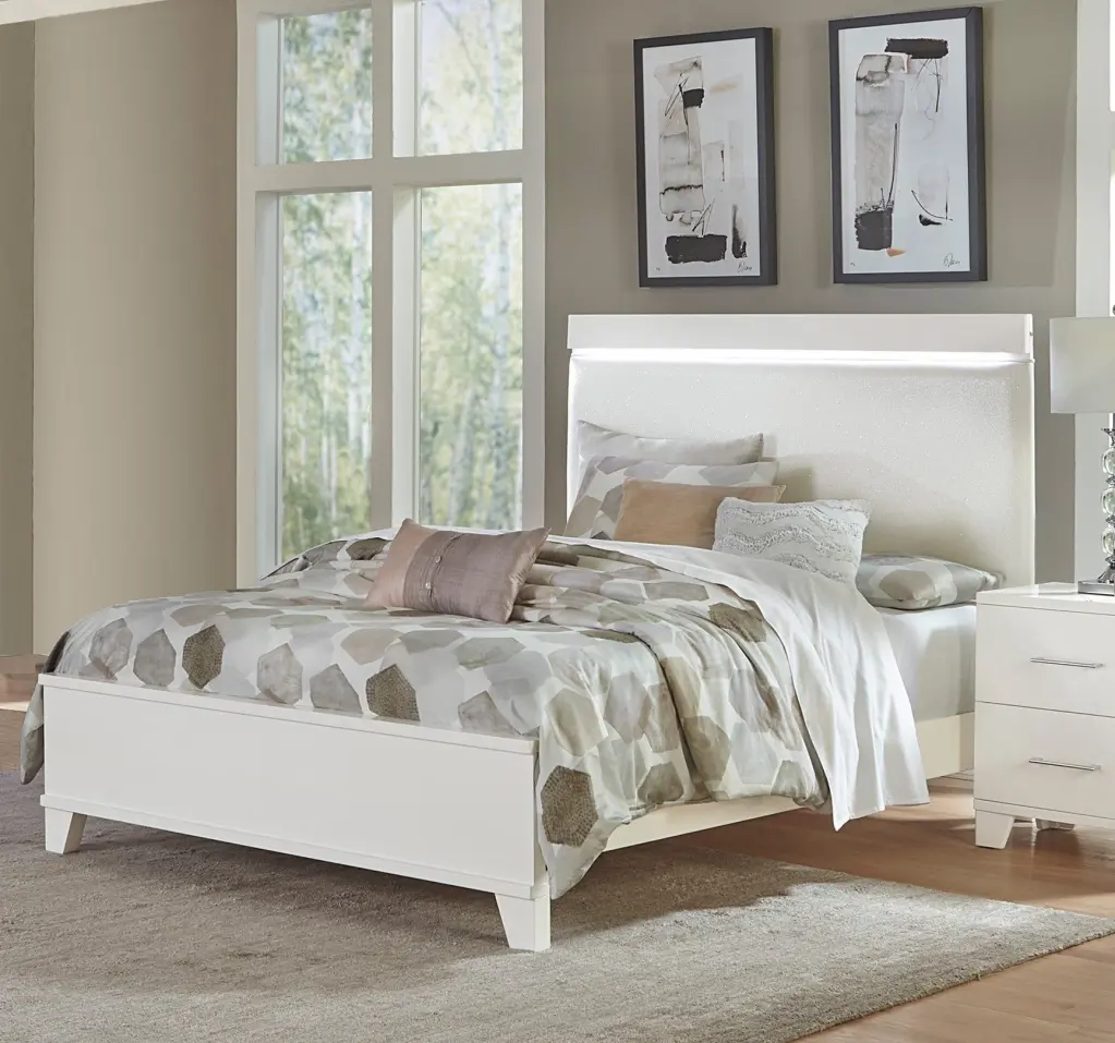 White High Gloss Finish Modern Full Bed LED Light Headboard Faux Leather kanepe