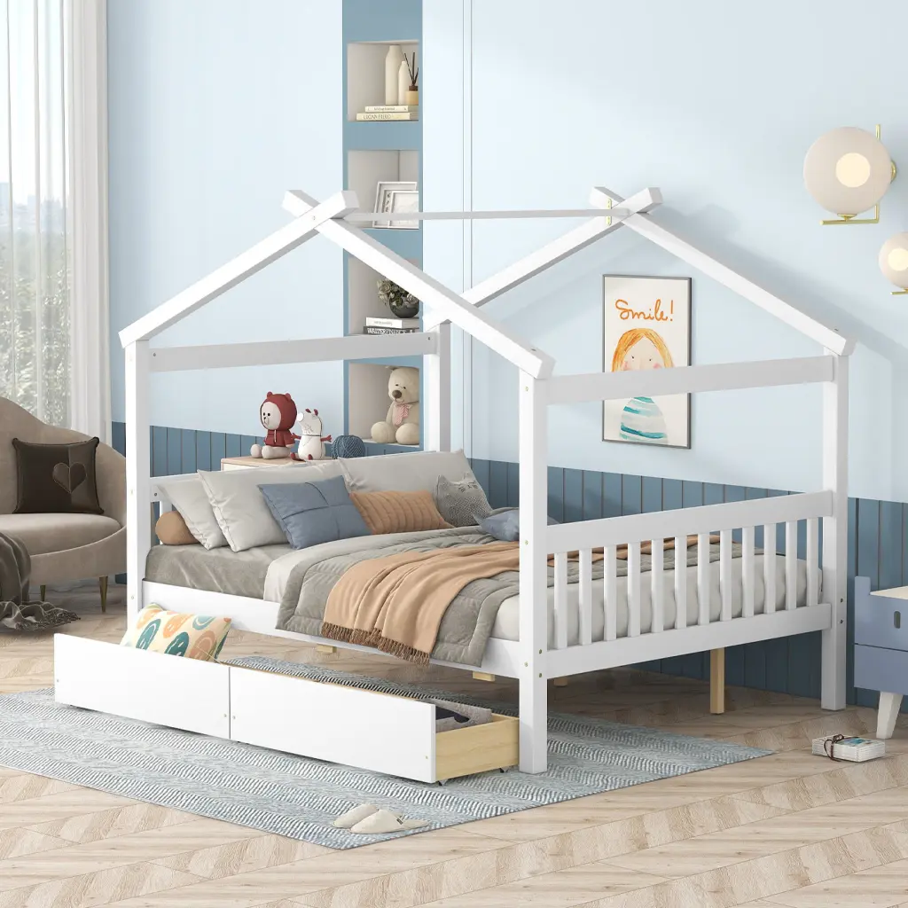 Full Dimensions Timberen House Bed Drawers White White Solid Timber MDF lucky furniture