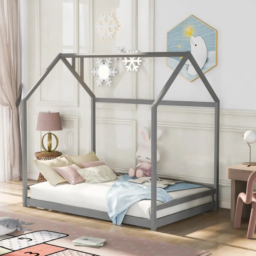 Full Size Gray Solid Timber House Bed Kids lucky furniture