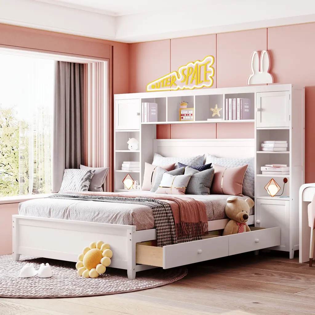 Full Size Wooden Bed All One Cabinet and Shelf White Space Saving lucky furniture