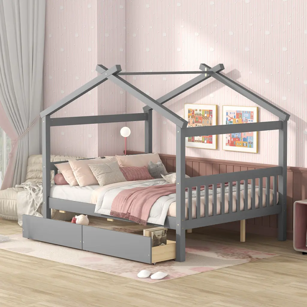Full Size Wooden Storage Bed Drawers Gray Solid Wood MDF lucky furniture
