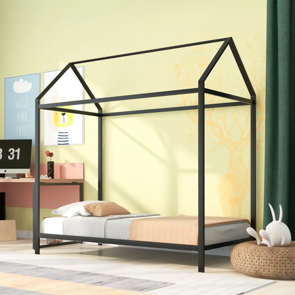 House Bed Frame Twin Size Metallic Platform Floor Bed Kids lucky furniture