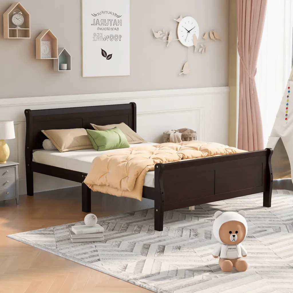 Queen Wood Platform Bed Headboard and Wooden Slat Support Frame lucky furniture