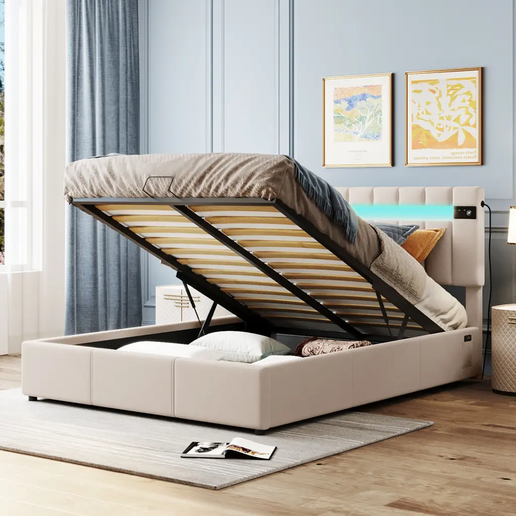 Upholstered Bed Queen Dimensions Led Light Bluetooth Player And Usb Charging Ports lucky furniture