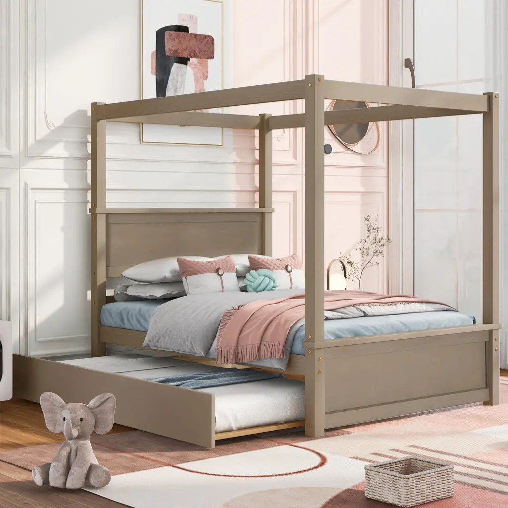 Wood Canopy Bed Trundle Bed Full Size Platform Bed Storage lucky furniture