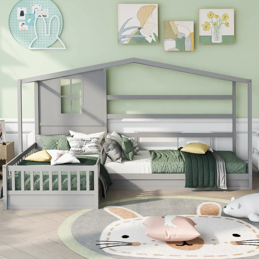 Wood Houtilize Bed Twin Dimensions 2 Twin Solid Bed L Structure Fence Guardrails lucky furniture