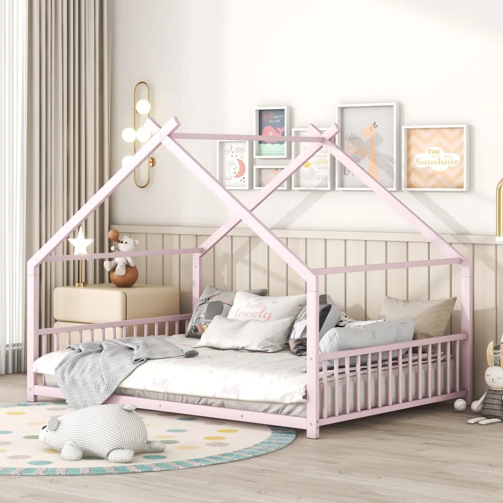 Full Metal House Bed Pink Frame Kids Bedroom Furniture lucky world