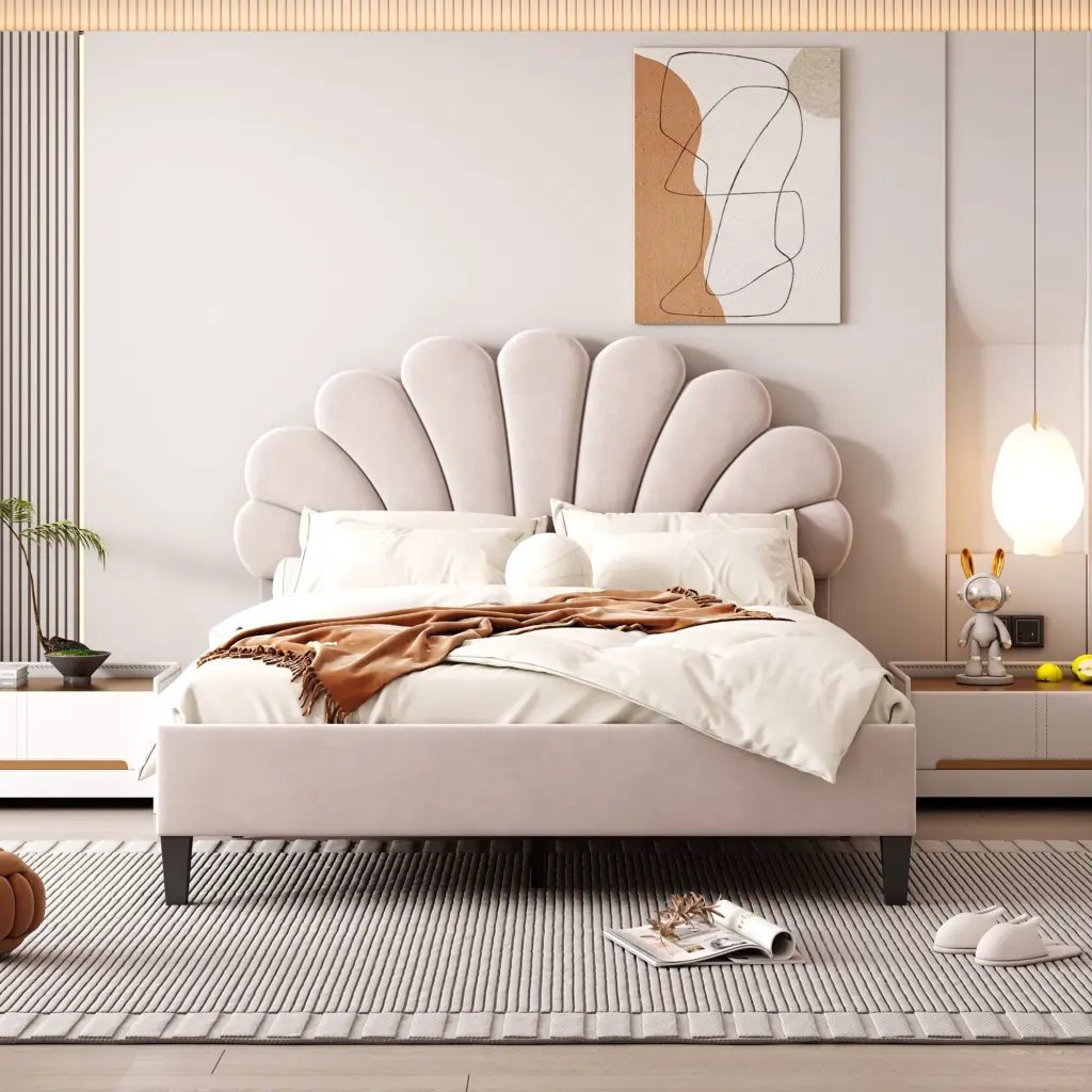 Full Upholstered Platform Bed Flower Pattern Velvet Headboard lucky world