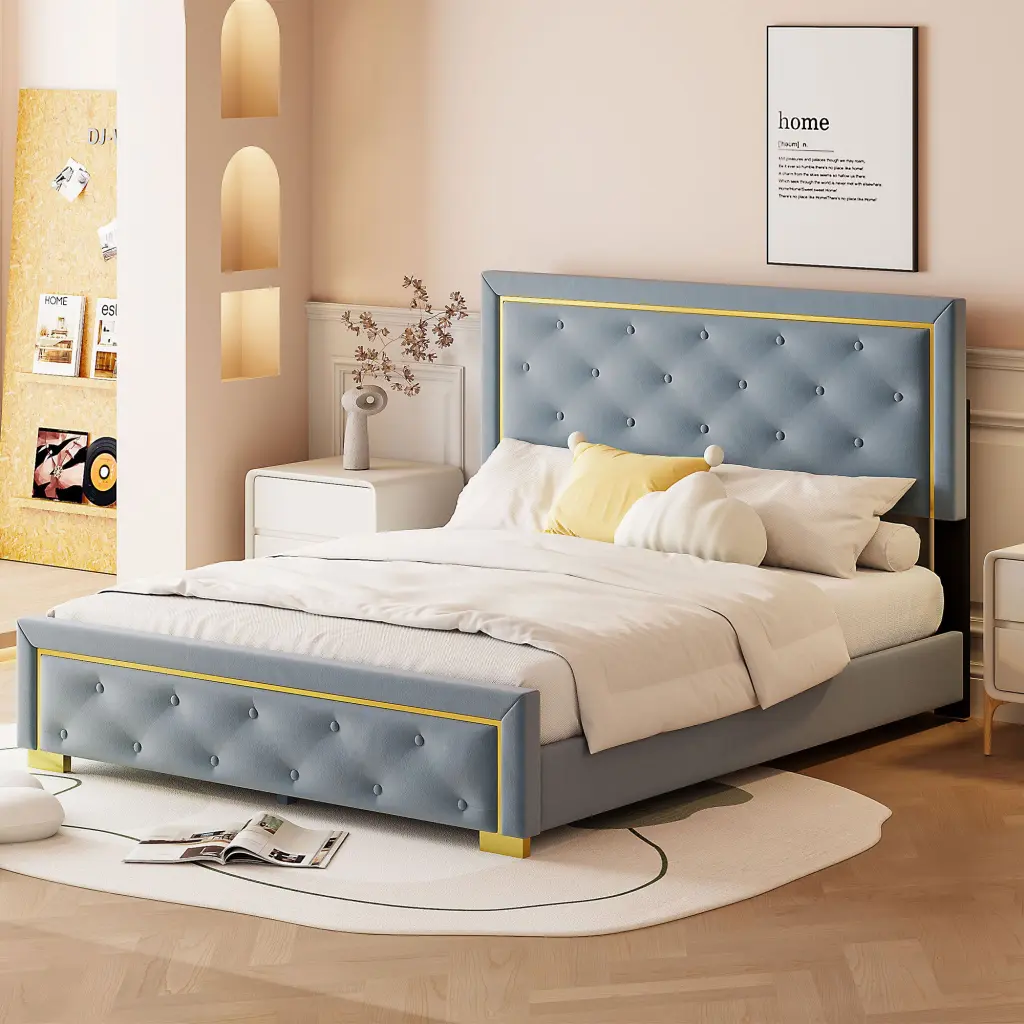 Queen Upholstered Platform Bed Pull Point Headboard and Metal Frame, Modern Design lucky world