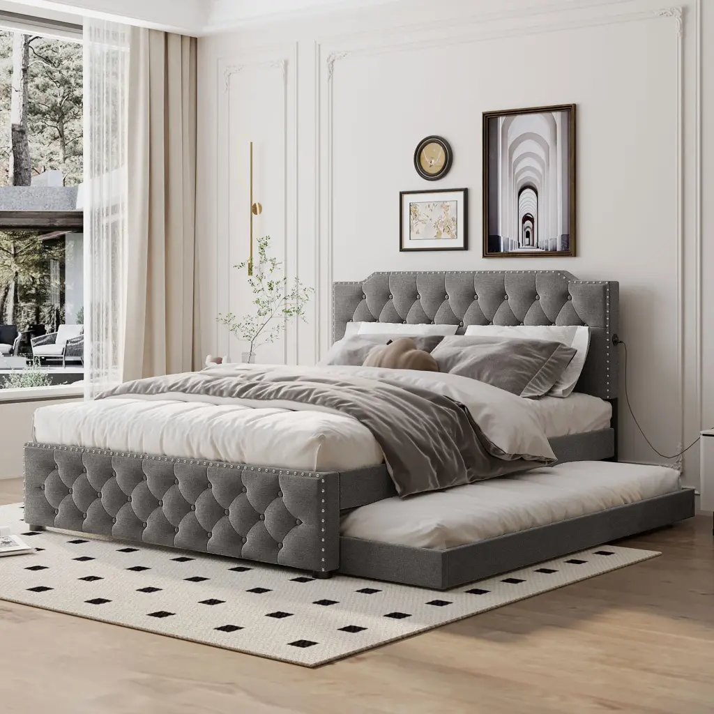 Queen Upholstered Platform Bed Twin Trundle and 2 Sets Space-Saving Storage lucky world