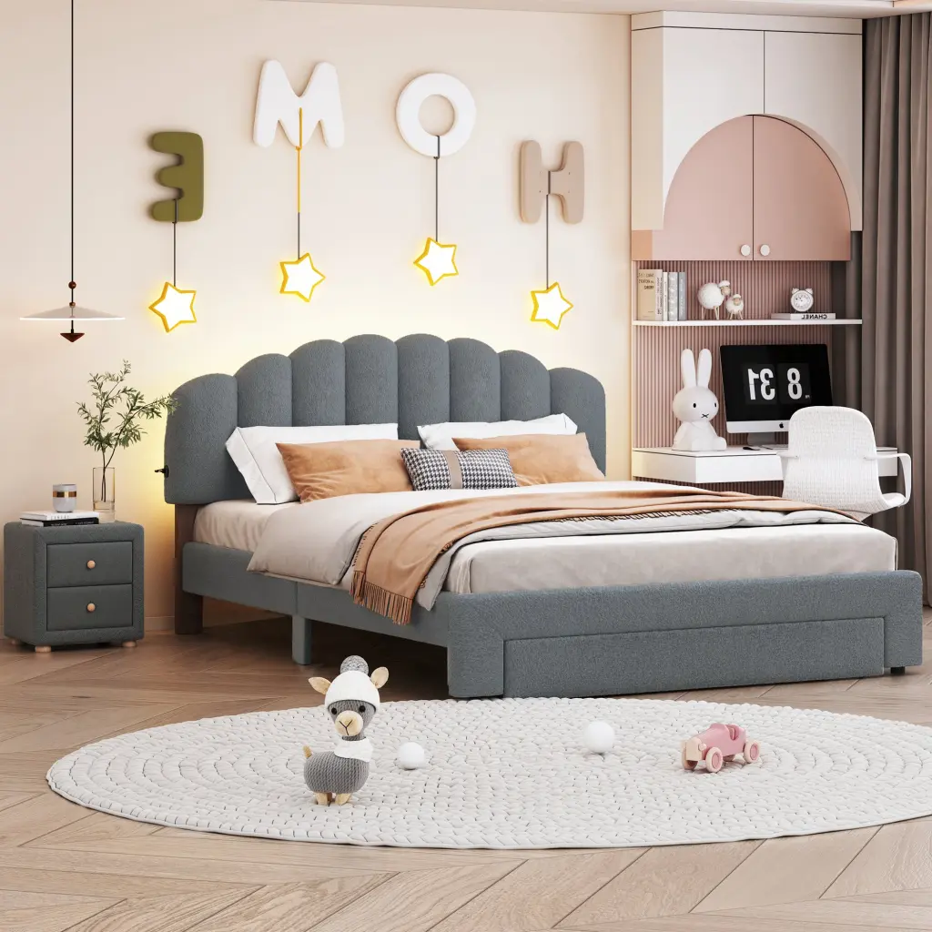 Teddy Fleece Queen Dimensions Upholstered Platform Bed 1 Nightstand Gray lucky world