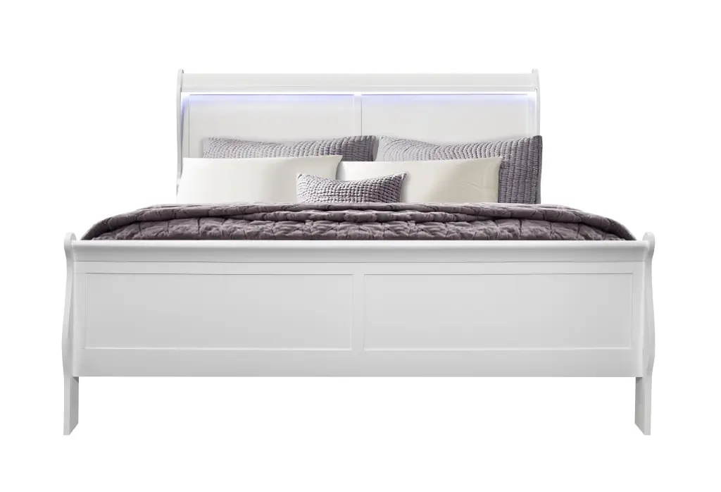 Charlston White King Size Bed LED Lights Solid Wood and MDF luxe modern furniture