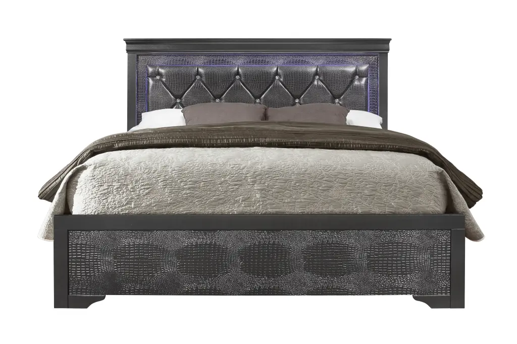 Shaker Crocodile Metallic Grey Full Bed LED Solid Wood luxe modern furniture