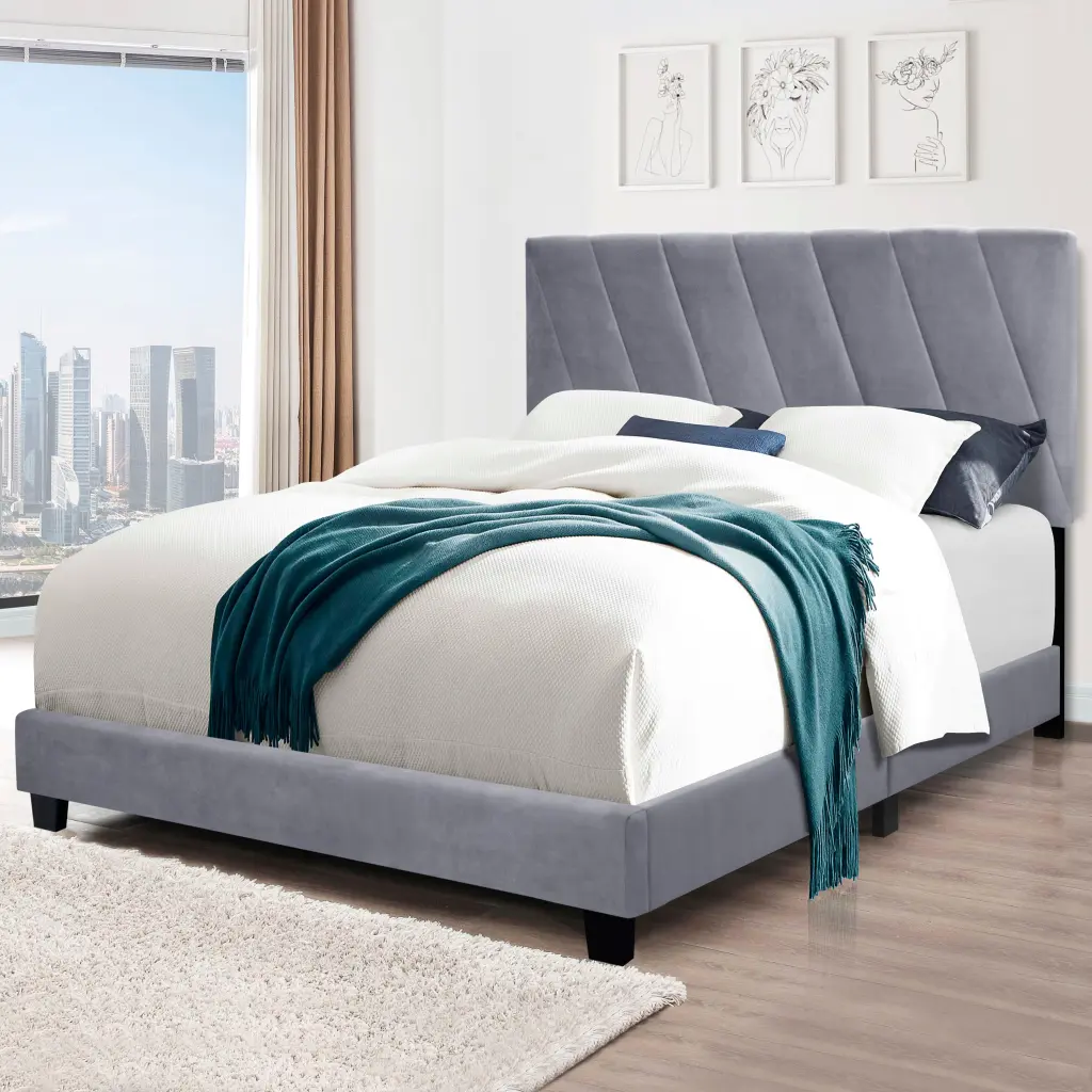 Gray Queen Upholstered Bed Customizable Stain Resistant Long-lasting serene home