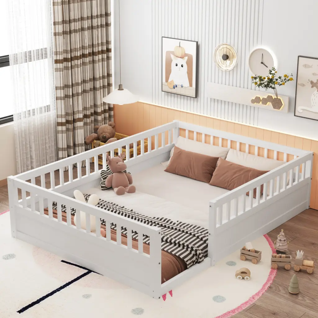 Full Floor Bed Frame Fence Timber Kids Floor Beds Bedroom w2593