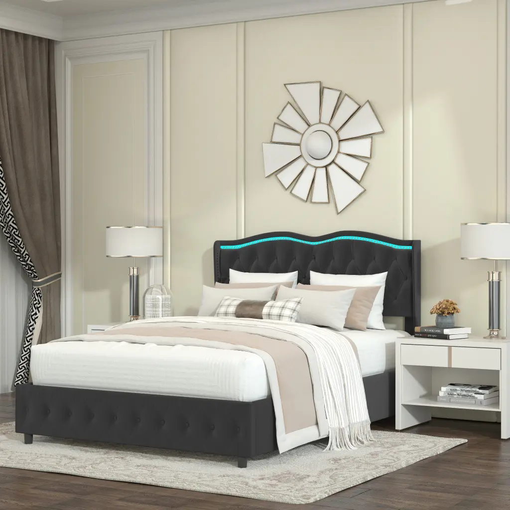 Queen Platform Bed Frame Velvet Upholstered Deep Tufted Buttons welike furniture