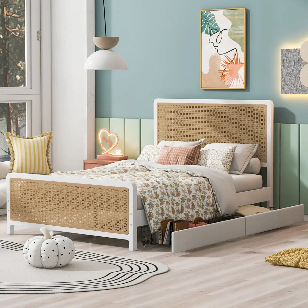 Queen Size Metal Platform Bed 2 Drawers - White wm dreamland