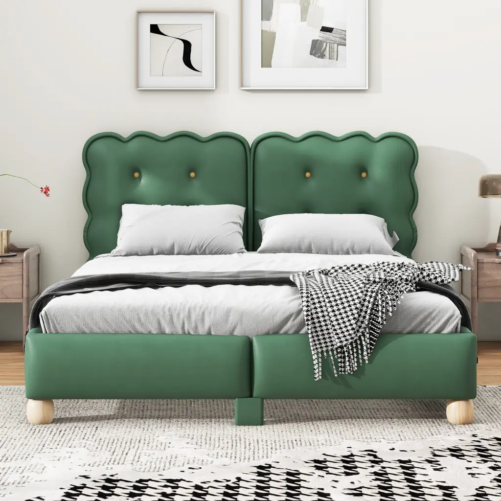 Queen Size Upholstered Platform Bed Substantial Legs Green wm dreamland