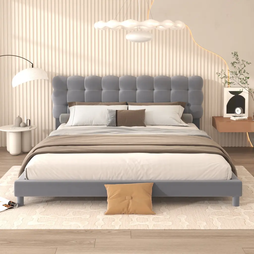Queen Upholstered Platform Bed Soft Headboard Gray wm dreamland
