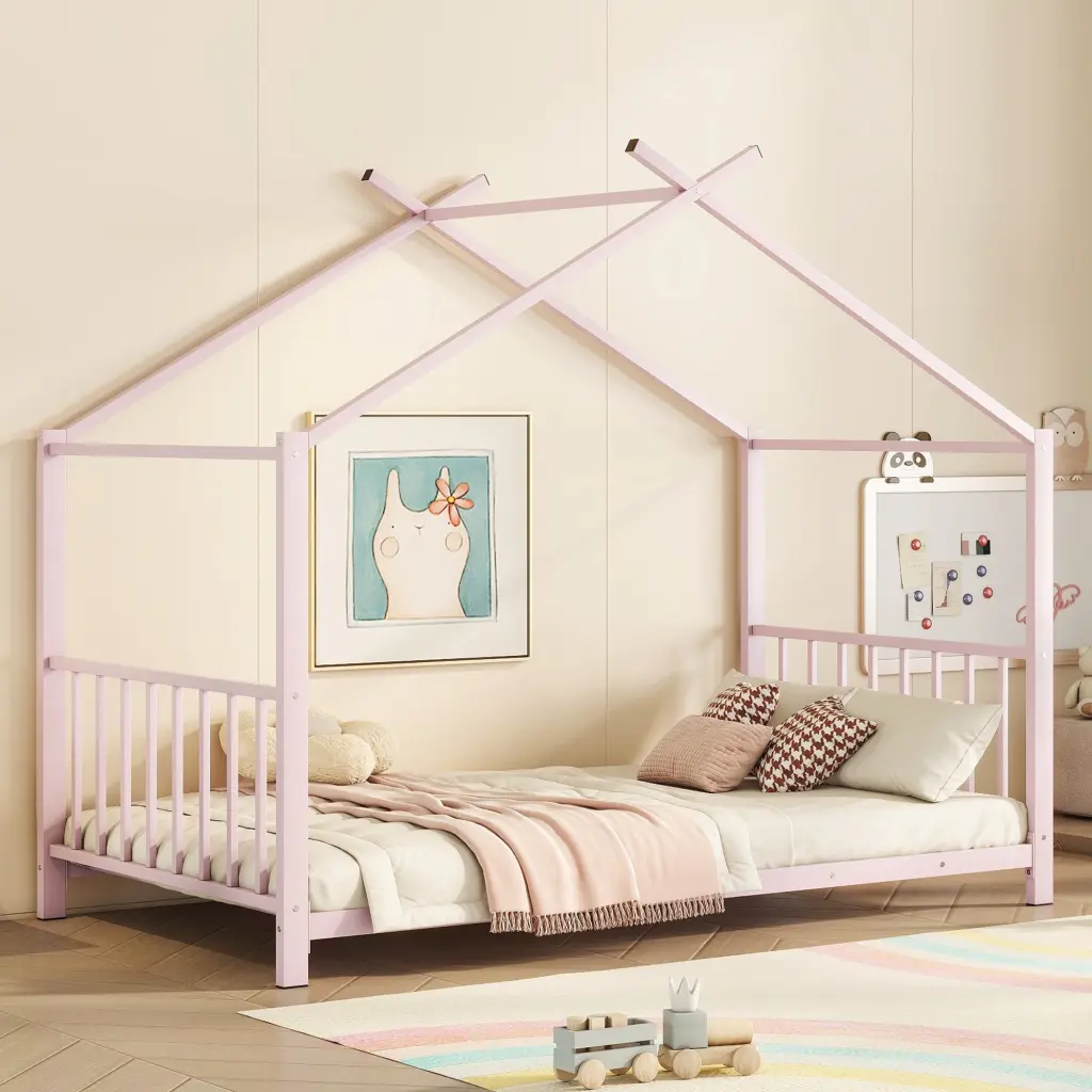 Twin Size Metal Platform Bed Pink Box Spring Not Required Modern Bed Frame wm dreamland