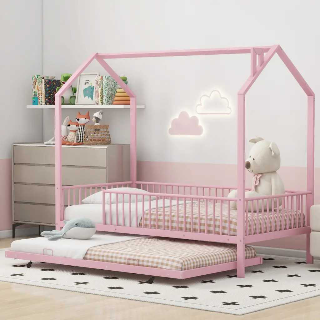 Twin Size Metallic House Bed Fence and Trundle Pink Kids Furniture wm dreamland