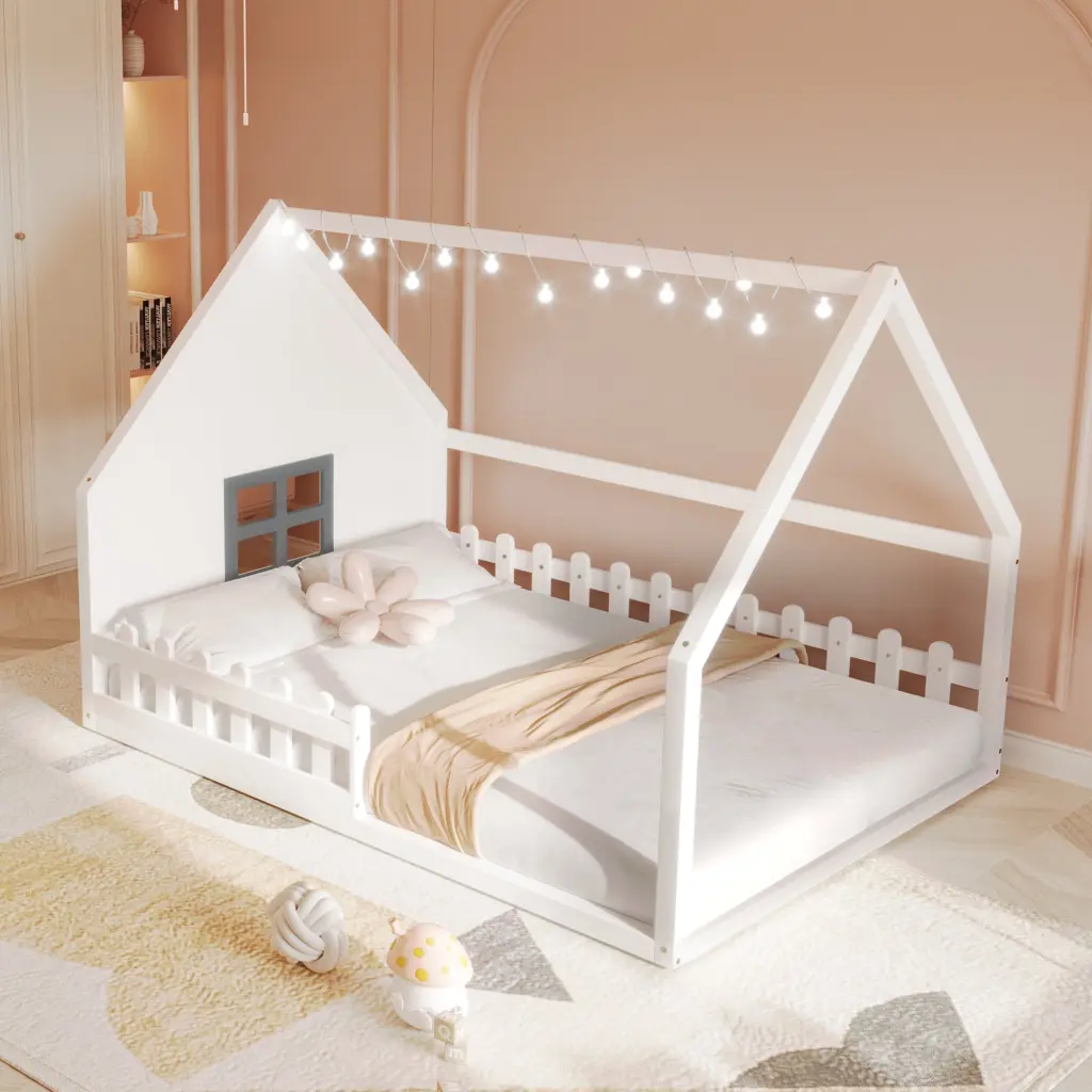 Full Dimensions Timber House Bed Window And Fence White Kids Bed wm store