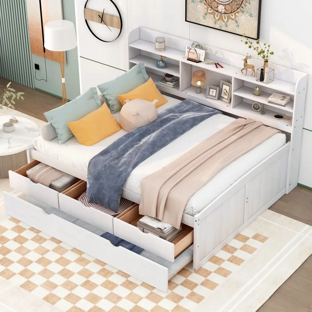 Full Wooden Captain Bed Built- Bookshelves Three Storage Drawers wm store