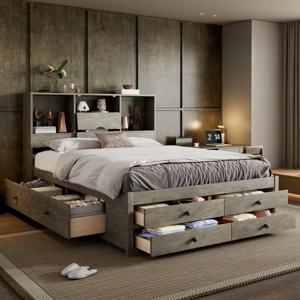 Queen Size Platform Bed Storage Headboard And 8 Drawers Gray Box wm store