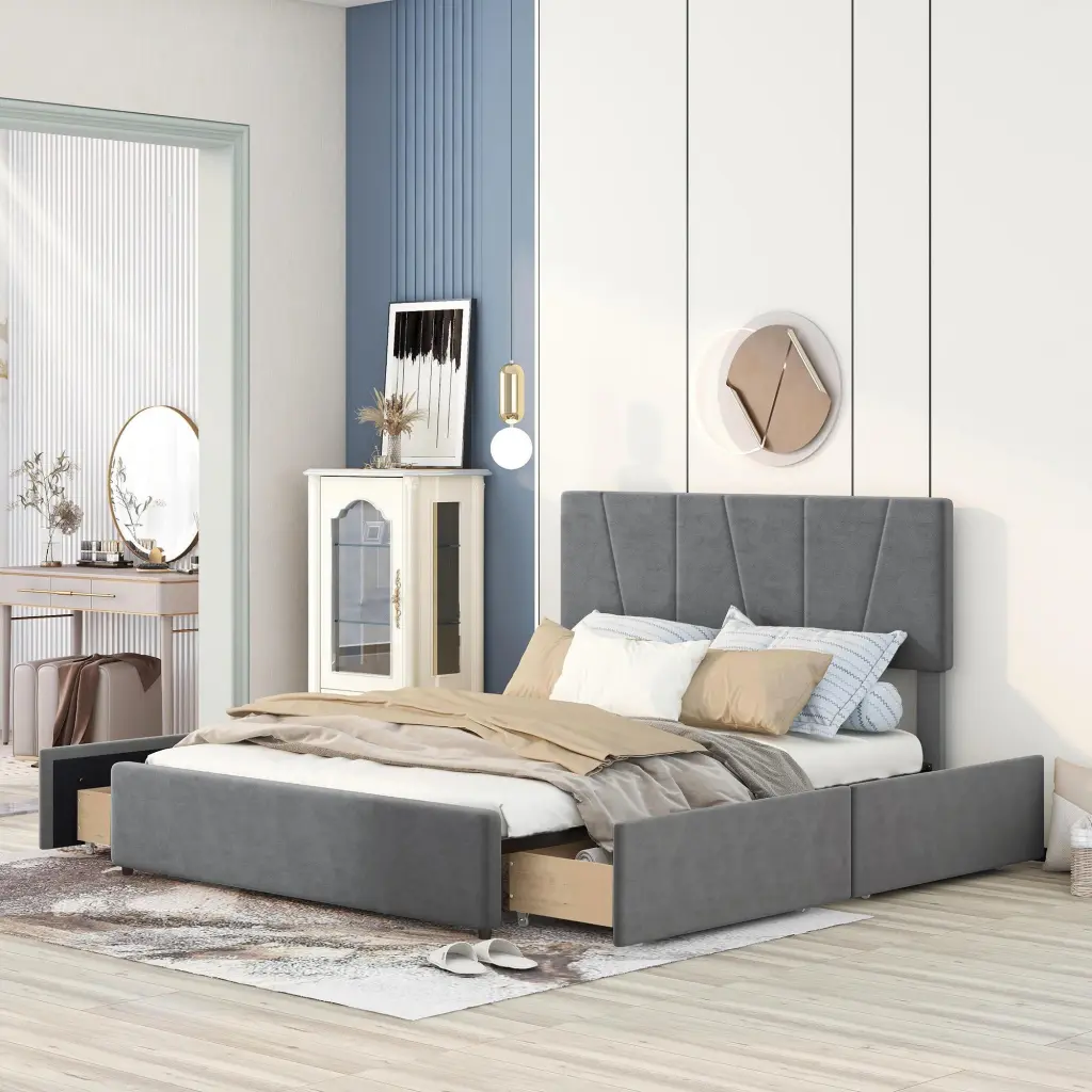 Queen Upholstered Platform Bed Four Drawers - Adjustable Storage wm store