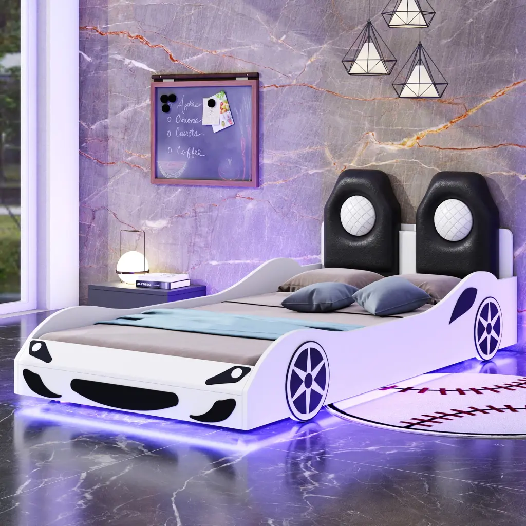 Timber Twin Dimensions Race Car Shaped Platform Bed LED And Upholstered Headboard wm store