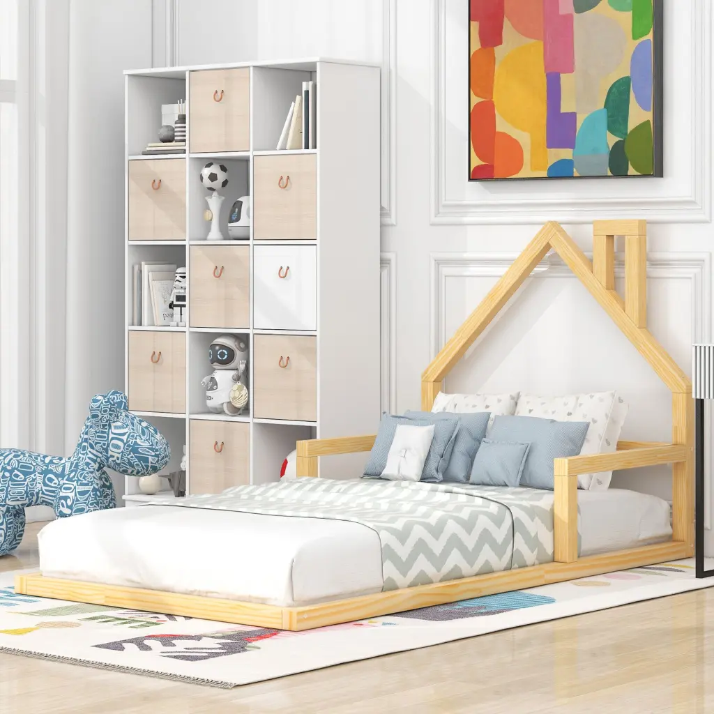 Twin Dimensions Timber Floor Bed House Shaped Headboard Natural Box Spring wm store