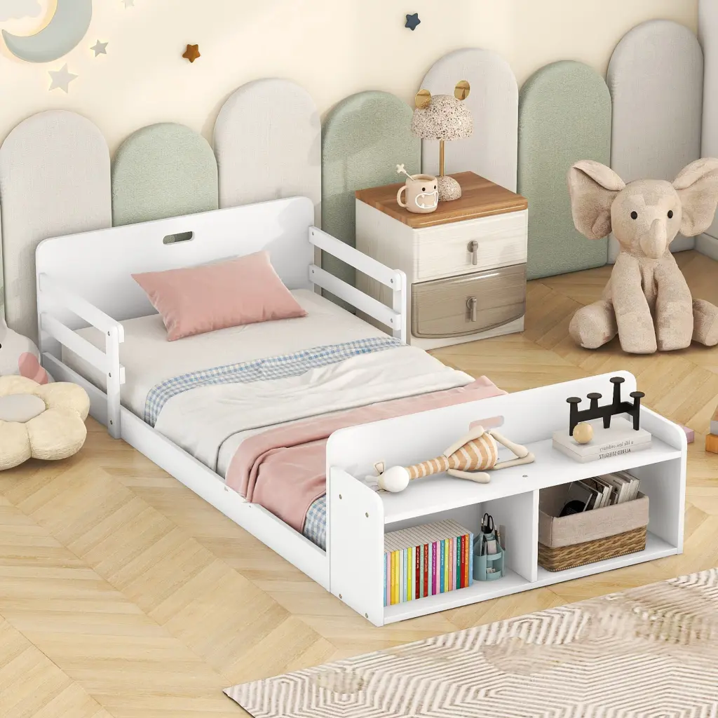 Twin Floor Bed Storage Footboard and Guardrail wm store