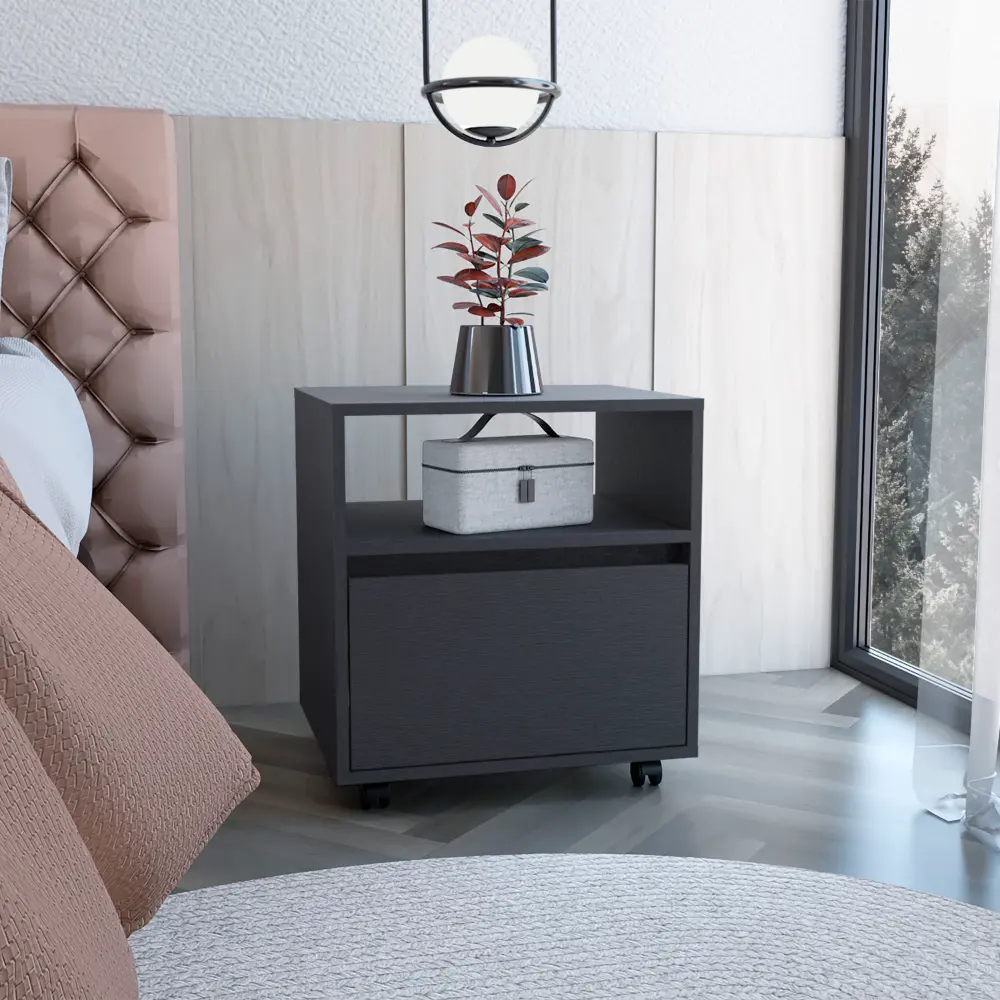 Austin Nightstand Side Table Single Drawer Black Wood Casters rta muebles colombia