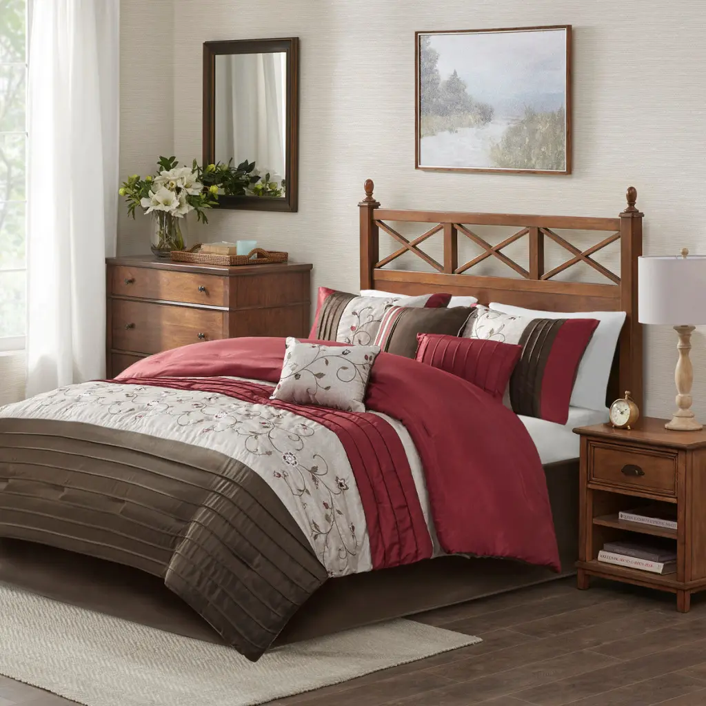 Embroidered 7 Piece Bedspread Set Red Queen Size Polyester jla