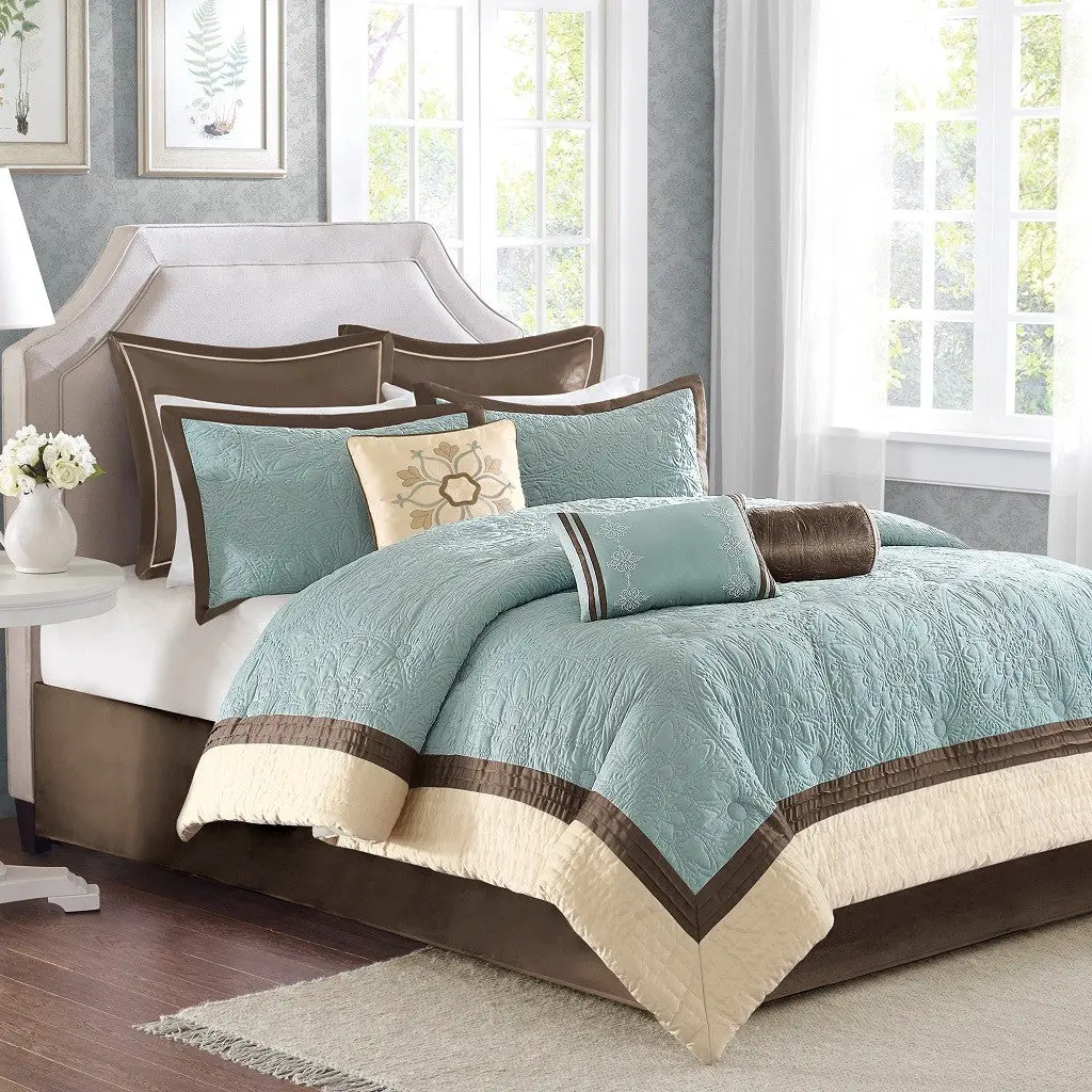 9 Piece Charmeuse Bedspread Set Blue Queen Size Polyester jla