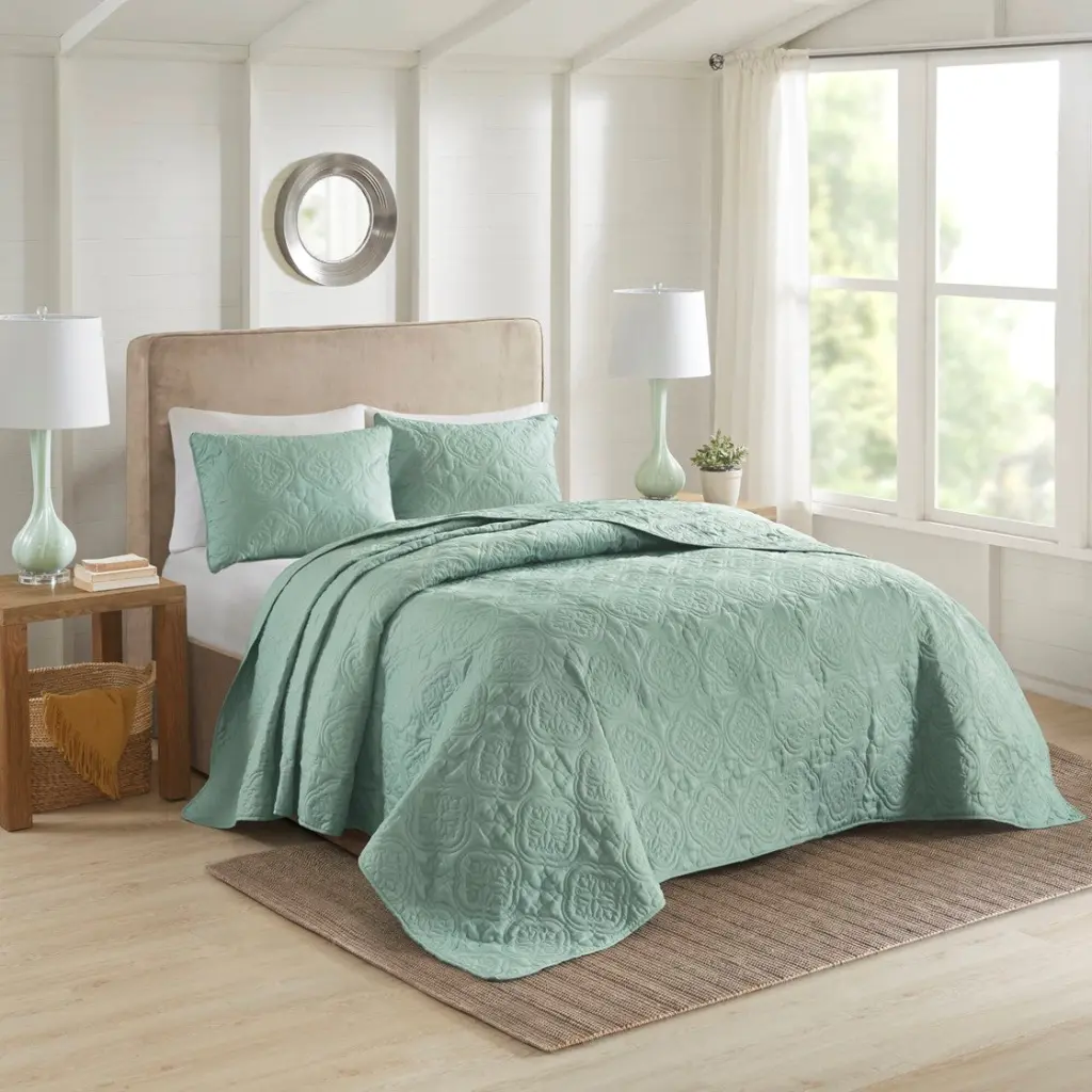 3 Piece Reversible Bedspread Set Seafoam Green Microfiber Full Queen Size Comfortable jla