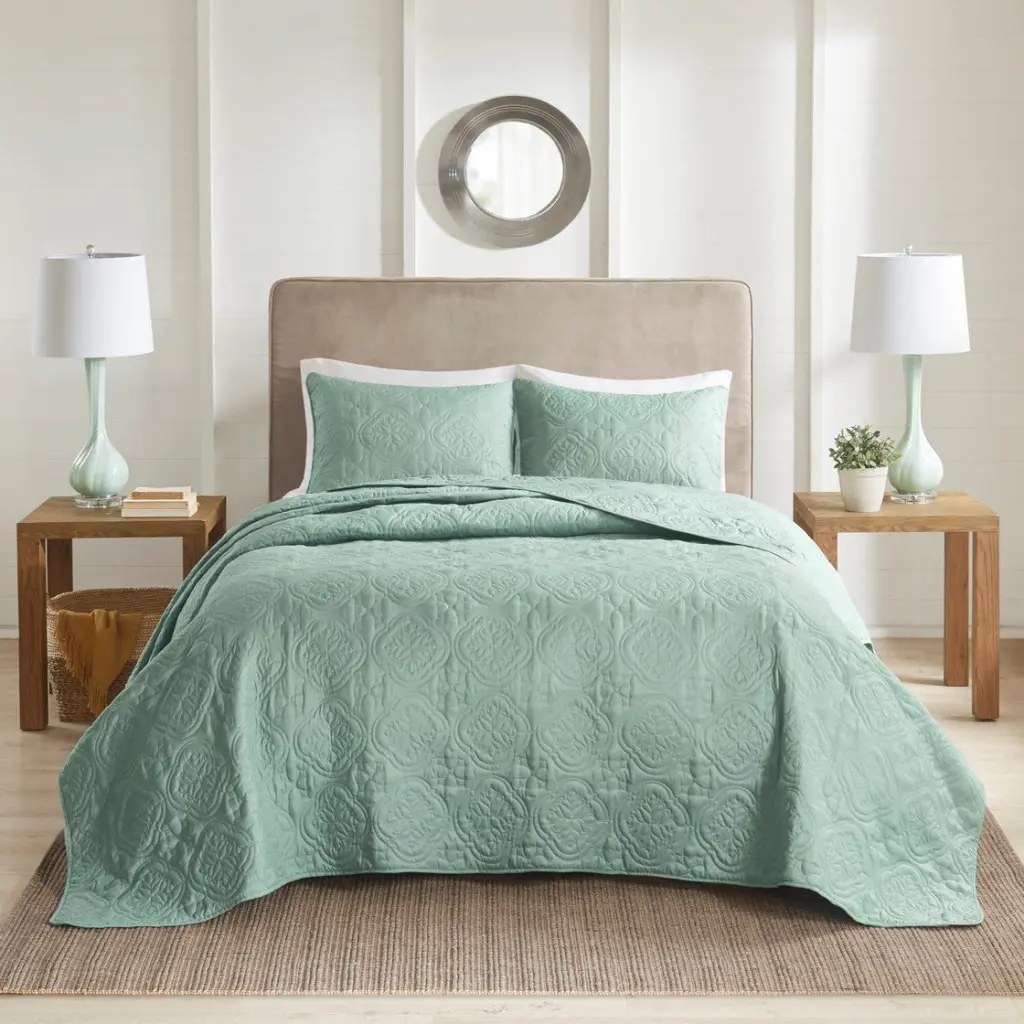 3 Piece Reversible Bedspread Set Seafoam King Size Cal King Green Microfiber Bedding jla