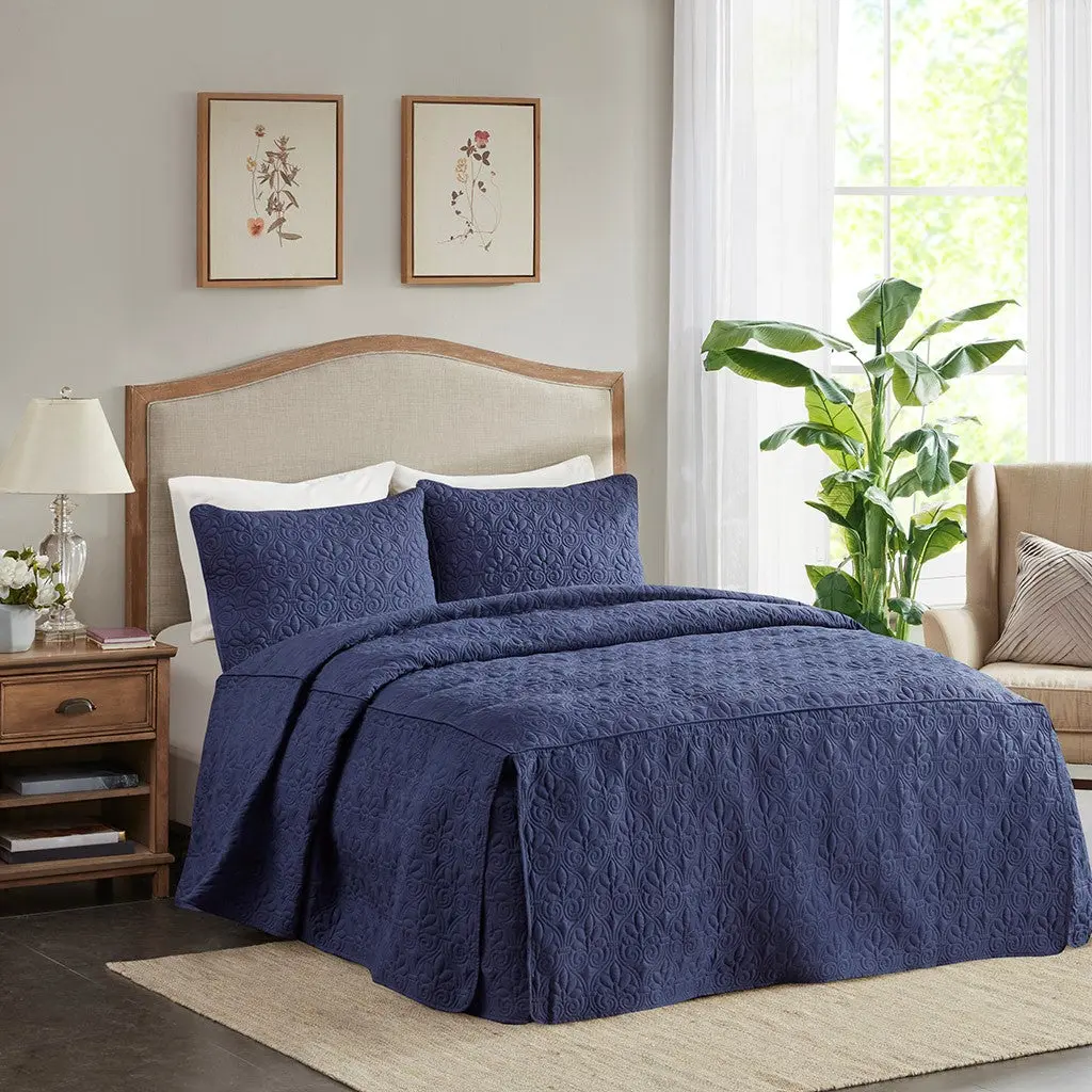 3 Piece Split Corner Pleated Quilted Bedspread Navy Queen Size Polyester Bedding Set jla