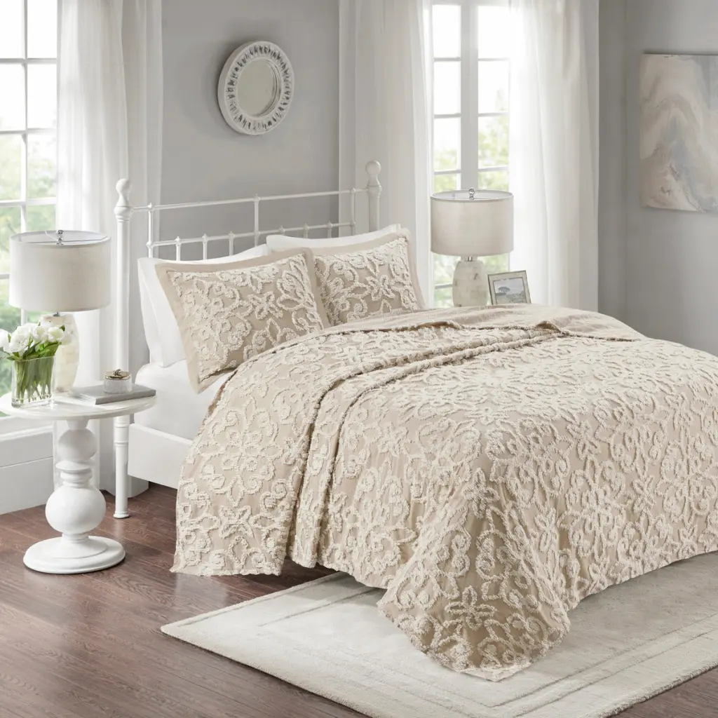 3 Piece Tufted Cotton Bedspread Set Taupe King Cal King Size jla
