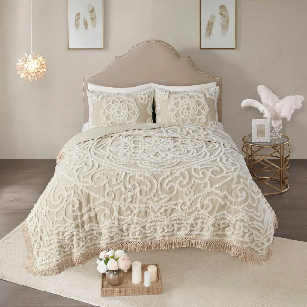 Tufted Cotton Chenille Medallion Fringe Coverlet Mini Set Taupe King Size jla