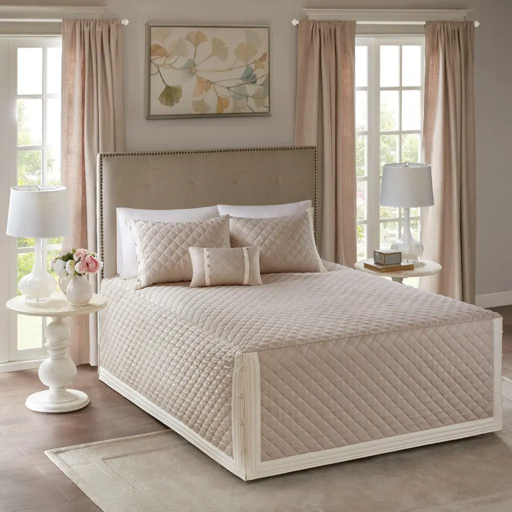 4 Piece Cotton Reversible Tailored Bedspread Set Khaki Queen Size Bedding jla